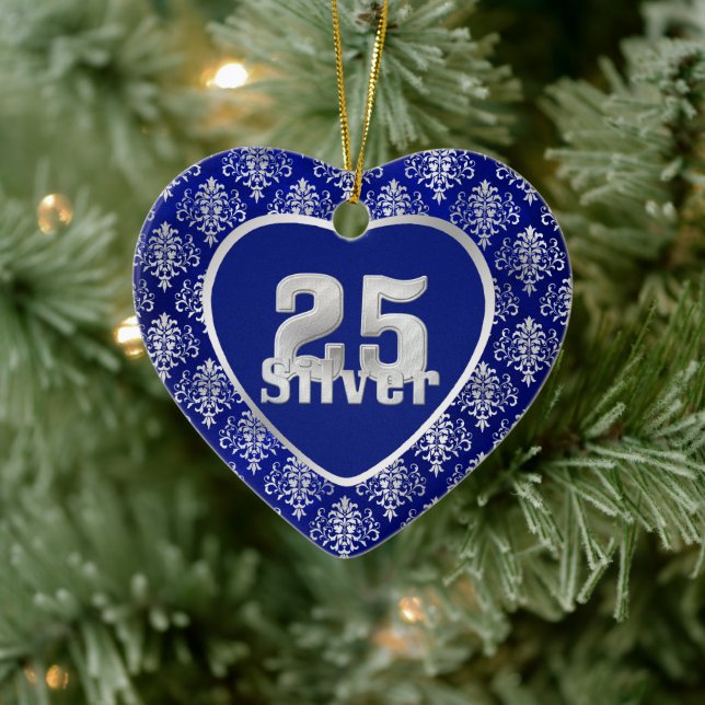 Silver Anniversary Damask on Blue Ceramic Ornament (Tree)