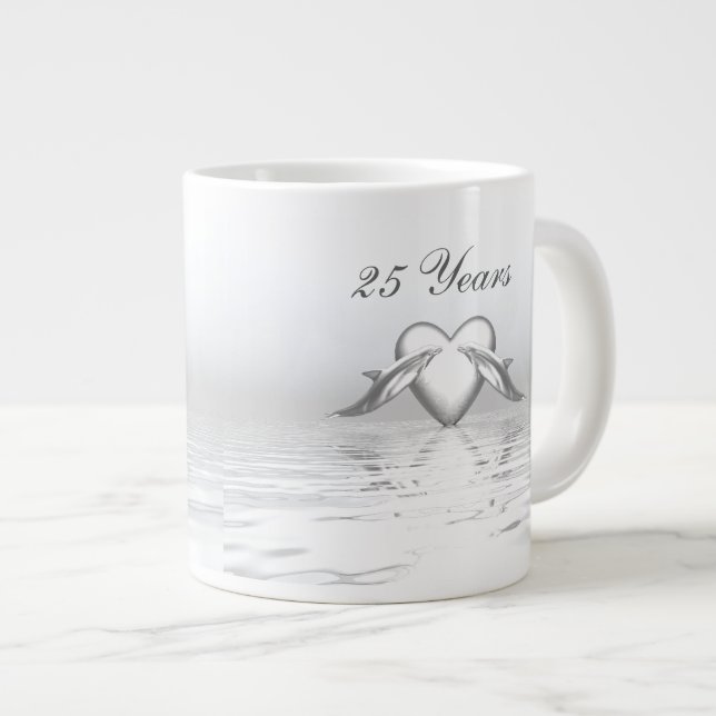 Silver Anniversary Dolphins and Heart Large Coffee Mug (Front Right)