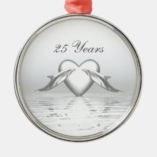 Silver Anniversary Dolphins and Heart Metal Tree Decoration