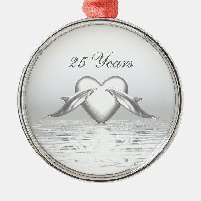 Silver Anniversary Dolphins and Heart Metal Tree Decoration (Front)