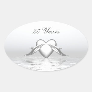 Silver Anniversary Dolphins and Heart Oval Sticker