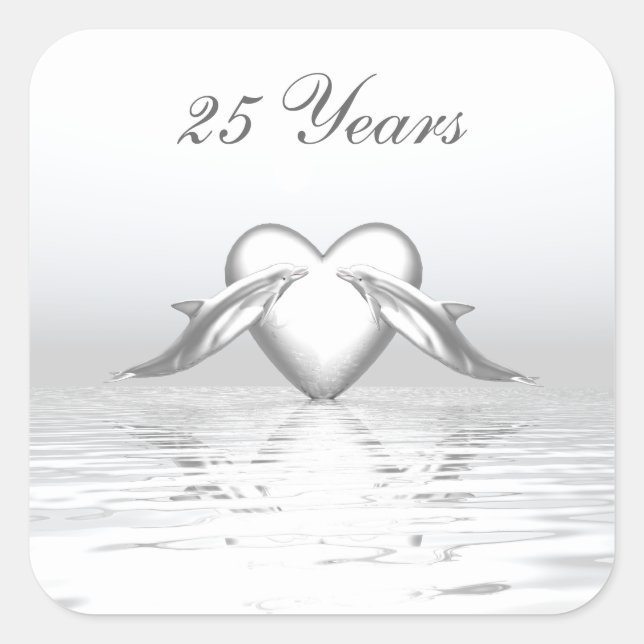 Silver Anniversary Dolphins and Heart Square Sticker (Front)