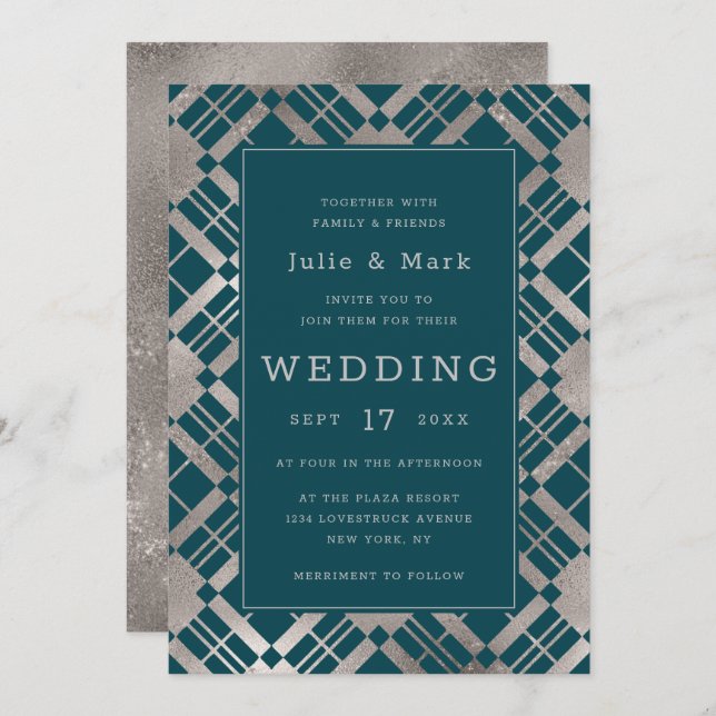 Silver & Any Colour Background Rustic Plaid Weddin Invitation (Front/Back)