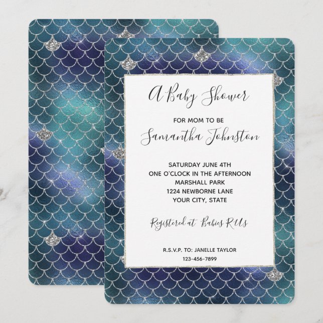 Silver Aqua Blue Mermaid Baby Shower Invitation (Front/Back)