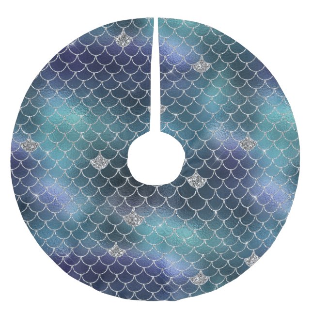 Silver Aqua Blue Mermaid Brushed Polyester Tree Skirt (Front)