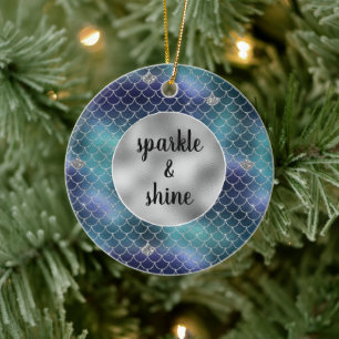 Silver Aqua Blue Mermaid Glitz Ceramic Ornament