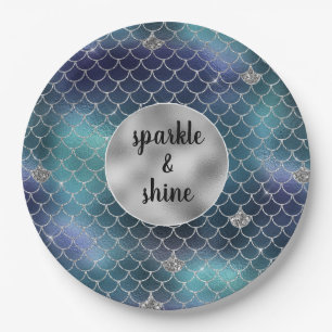 Silver Aqua Blue Mermaid Glitz Paper Plate