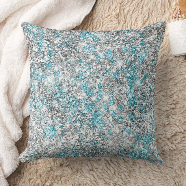 Silver Aqua Glam Glitter Cushion (Blanket)