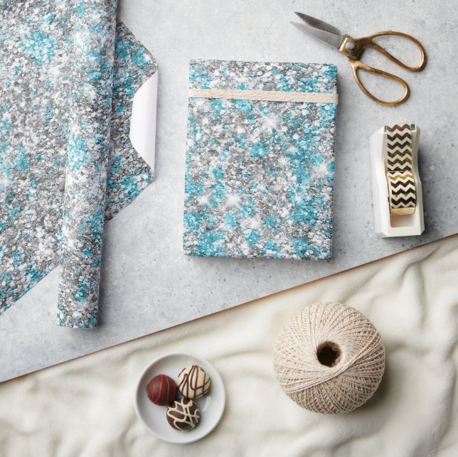 Silver Aqua Glam Glitter Wrapping Paper (Crafts)