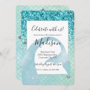 Silver Aqua Glitter Mermaid Watercolor Invitation