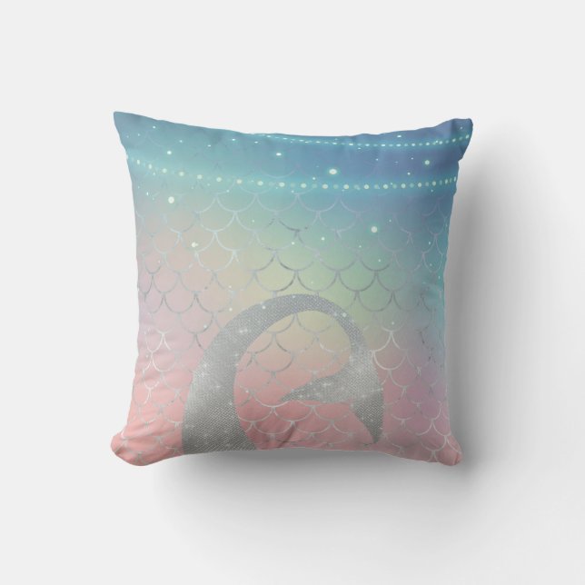Silver Aqua Pink Purple Mermaid Cushion (Front)