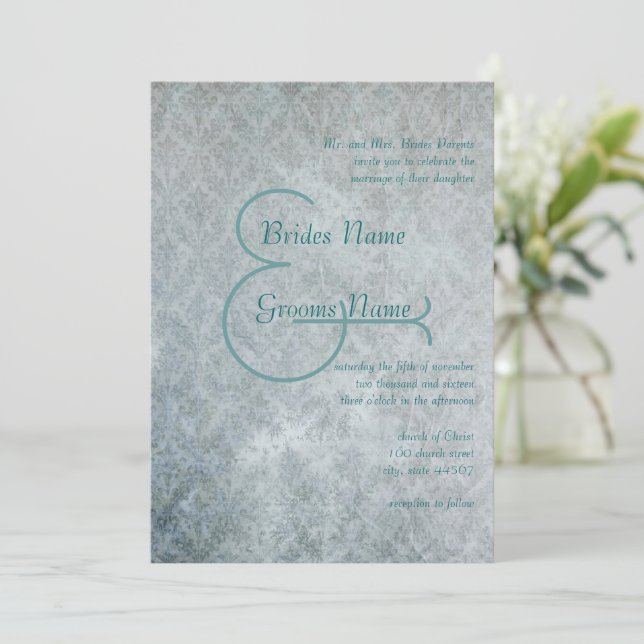 Silver Aqua Rustic Distressed Lace Damask Wedding Invitation (Standing Front)