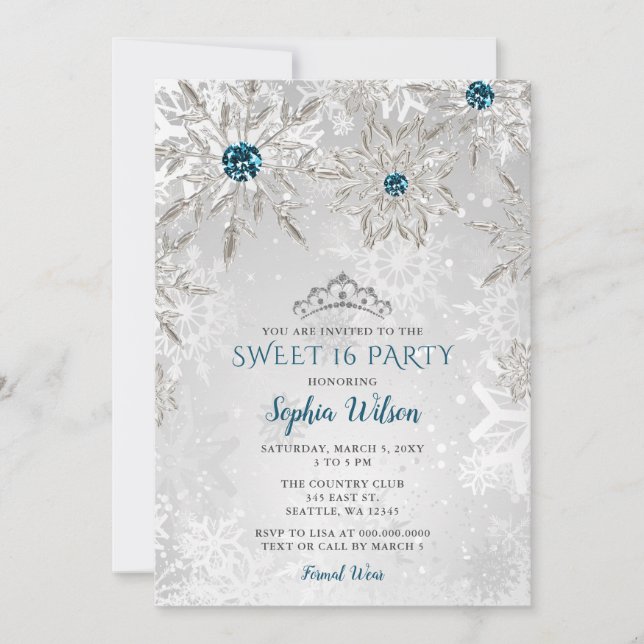 Silver Aqua Snowflakes Tiara Sweet 16  Invitation (Front)