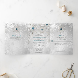 Silver Aqua Snowflakes Winter Christmas Wedding Tri-Fold Invitation