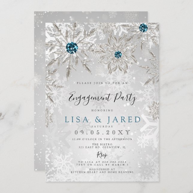 Silver Aqua Snowflakes Winter Engagement Party  Invitation (Front/Back)