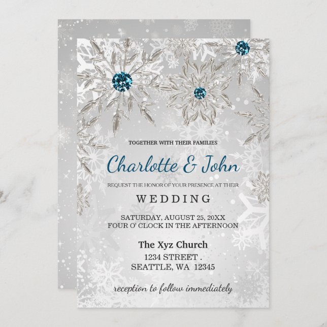 silver aqua snowflakes winter wedding invitation (Front/Back)