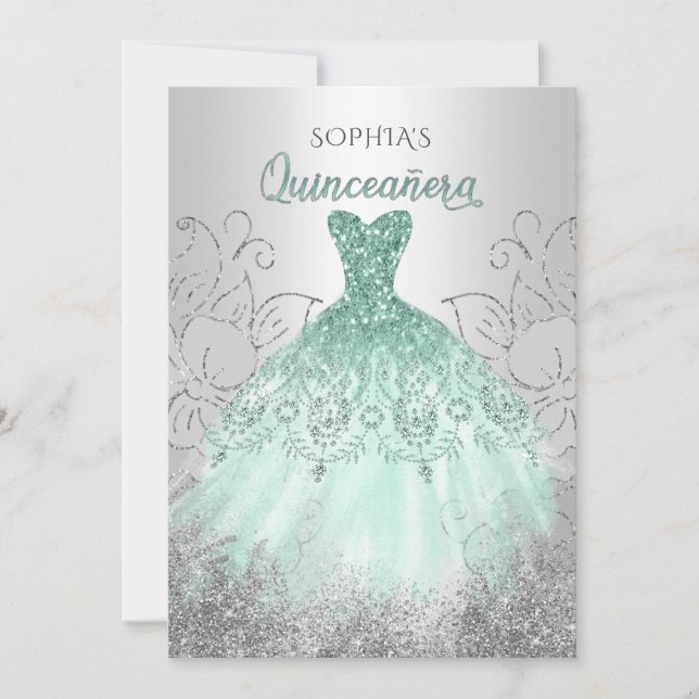 Silver Aqua Sparkle Dress Quinceañera Quince Invitation (Front)