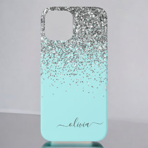 Silver Aqua Teal Blue Girly Glitter Monogram Case- iPhone 12 Case