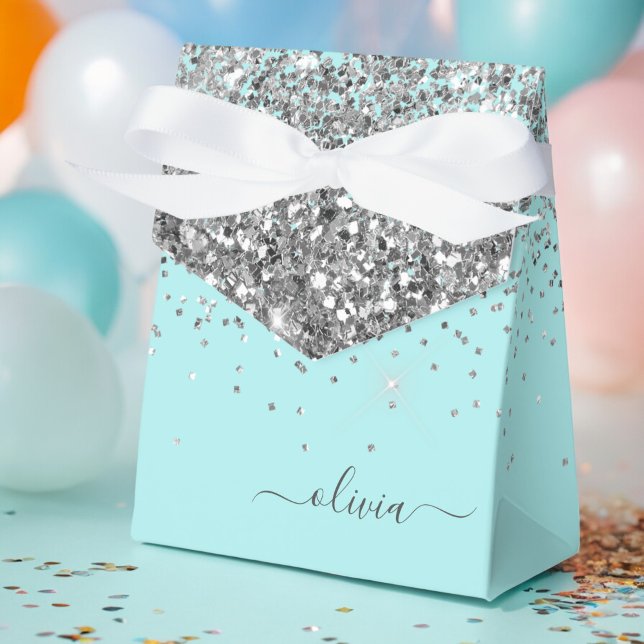 Silver Aqua Teal Blue Girly Glitter Monogram Favour Box (Creator Uploaded)