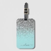 Silver Aqua Teal Blue Girly Glitter Monogram
