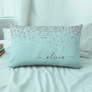 Silver Aqua Teal Blue Girly Glitter Monogram Lumbar Cushion
