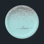 Silver Aqua Teal Blue Girly Glitter Monogram Paper Plate<br><div class="desc">Silver and Aqua Teal Blue Sparkle Glitter Monogram Name and Initial Party Plates. This makes the perfect sweet 16 birthday,  wedding,  bridal shower,  anniversary,  baby shower or bachelorette party gift for someone that loves glam luxury and chic styles.</div>