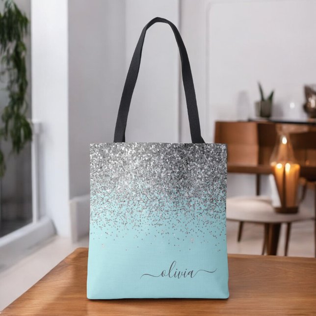Silver Aqua Teal Blue Girly Glitter Monogram Tote Bag (Creator Uploaded)
