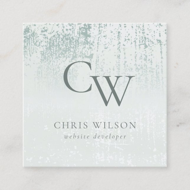 Silver Aqua Teal Brushed Metallic Monogram Initial Square Business Card (Front)
