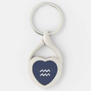 Silver Aquarius Sign on Navy Blue Carbon Fibre Art Key Ring