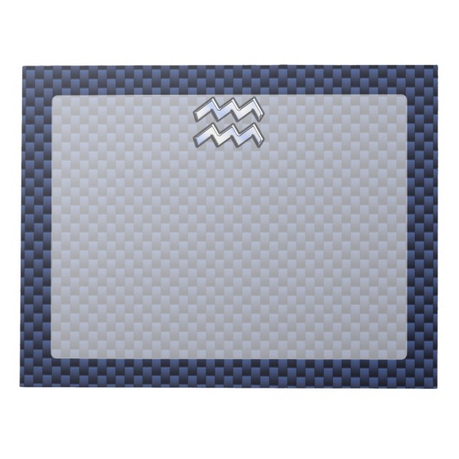 Silver Aquarius Sign on Navy Blue Carbon Fibre Art Notepad (Front)