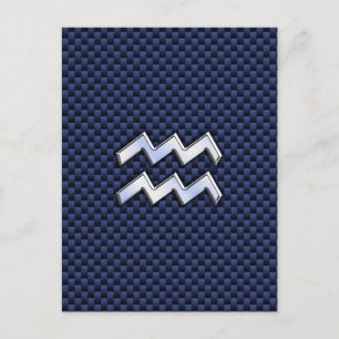 Silver Aquarius Sign on Navy Blue Carbon Fibre Art Postcard