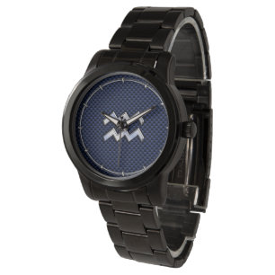 Silver Aquarius Sign on Navy Blue Carbon Fibre Art Watch