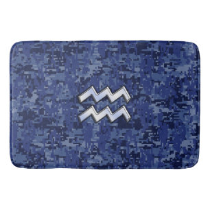 Silver Aquarius Zodiac Sign Navy Blue Digital Camo Bath Mat