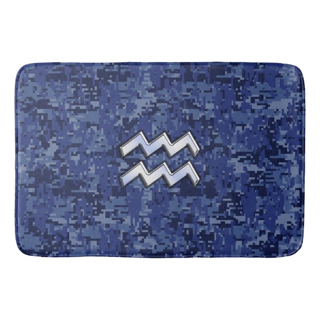 Silver Aquarius Zodiac Sign Navy Blue Digital Camo Bath Mat (Front)