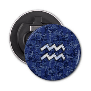 Silver Aquarius Zodiac Sign Navy Blue Digital Camo Bottle Opener