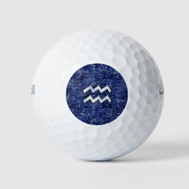 Silver Aquarius Zodiac Sign Navy Blue Digital Camo Golf Balls (Front)