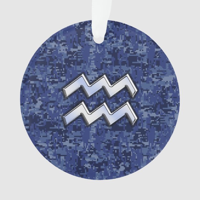 Silver Aquarius Zodiac Sign Navy Blue Digital Camo Ornament (Front)