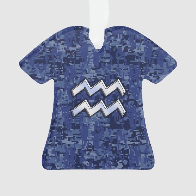 Silver Aquarius Zodiac Sign Navy Blue Digital Camo Ornament (Front)