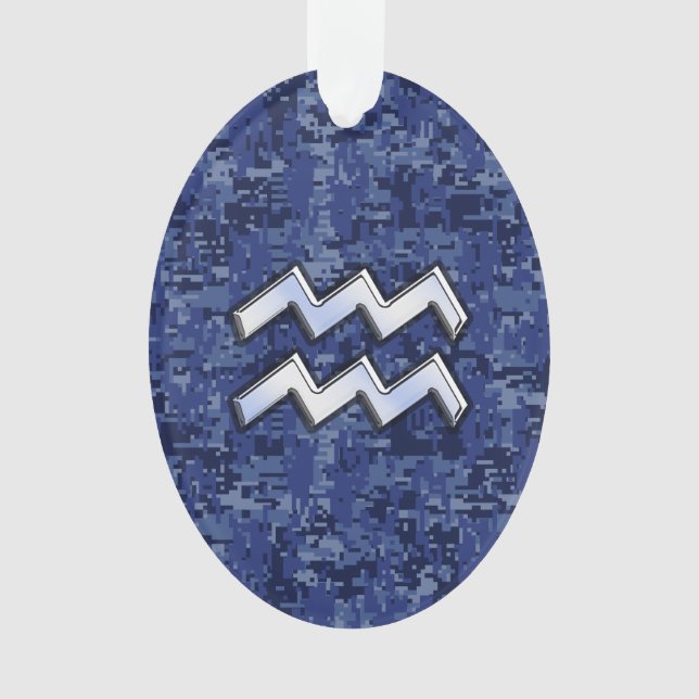 Silver Aquarius Zodiac Sign Navy Blue Digital Camo Ornament (Front)