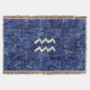 Silver Aquarius Zodiac Sign Navy Blue Digital Camo Throw Blanket