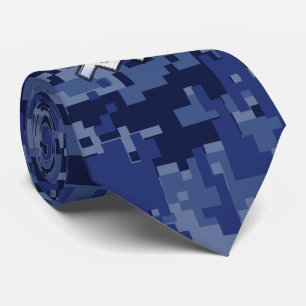Silver Aquarius Zodiac Sign Navy Blue Digital Camo Tie