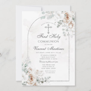 Silver Arch White Boho Floral First Holy Communion Invitation