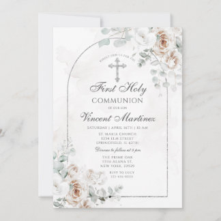 Silver Arch White Boho Floral First Holy Communion Invitation