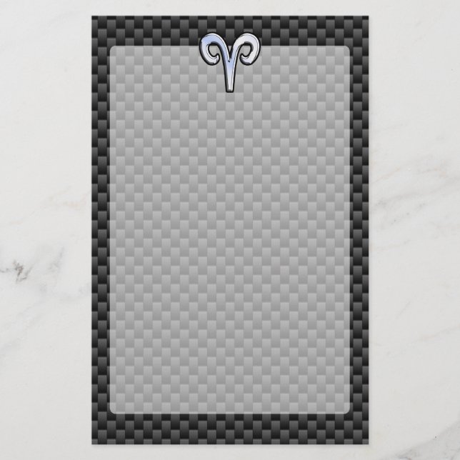 Silver Aries Zodiac Sign Black Carbon Fibre Print Stationery (Front)