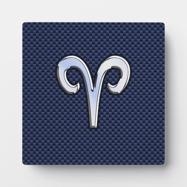 Silver Aries Zodiac Sign Blue Carbon Fibre Print Plaque (Front)