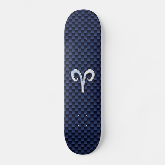 Silver Aries Zodiac Sign Blue Carbon Fibre Print Skateboard (Front)