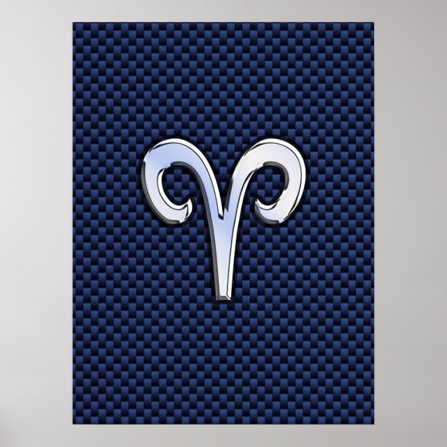 Silver Aries Zodiac Sign Navy Carbon Fibre Style (Front)