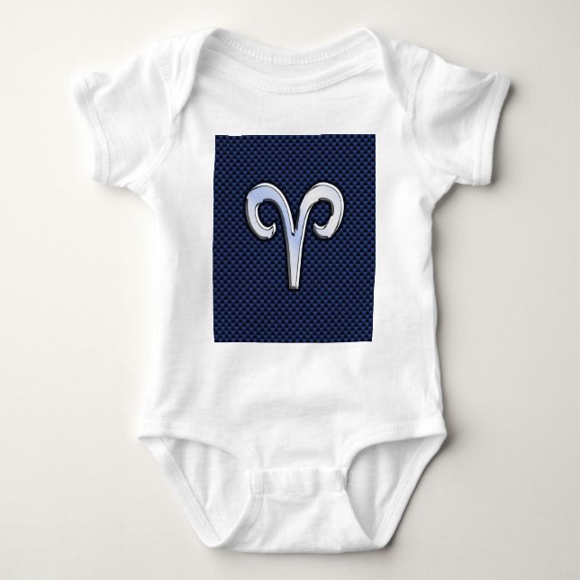 Silver Aries Zodiac Sign Navy Carbon Fibre Style Baby Bodysuit (Front)