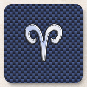 Silver Aries Zodiac Sign Navy Carbon Fibre Style Coaster