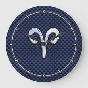 Silver Aries Zodiac Sign Navy Carbon Fibre Style Large Clock